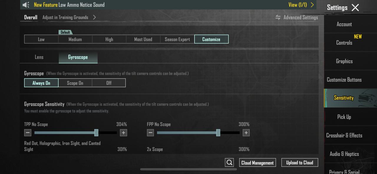 BGMI Sensitivity Settings Menu