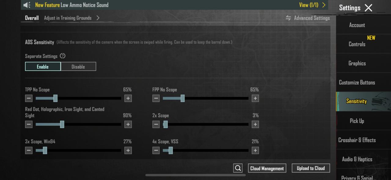 BGMI Sensitivity Settings Menu